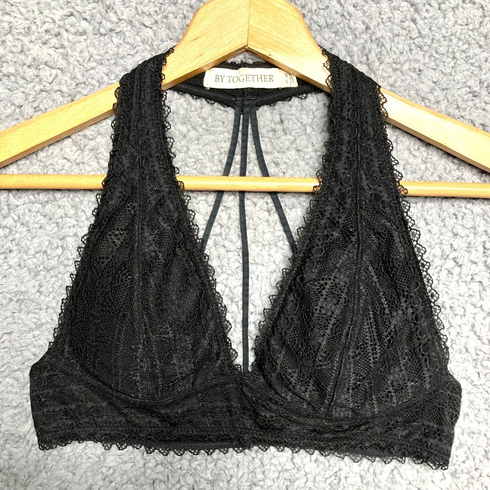 By Together Strappy Halter Lace Padded Wireless Plunge Bralette Bra M Black